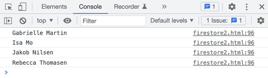 Konsollen i nettlesaren med utskrift frå Firestore. Foto.