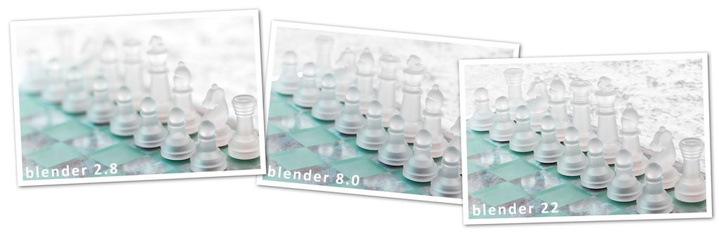 Kollasj som viser tre bilder og effekten fra liten til stor blenderåpning. Det første bildet har blender 2,8. Dette bildet er skarpt bare i det ene hjørnet. Det andre bildet er tatt med blender 8,0 og har en skarp forgrunn. Det tredje bildet er tatt med blender 22 og er skarpt over det hele. Foto.