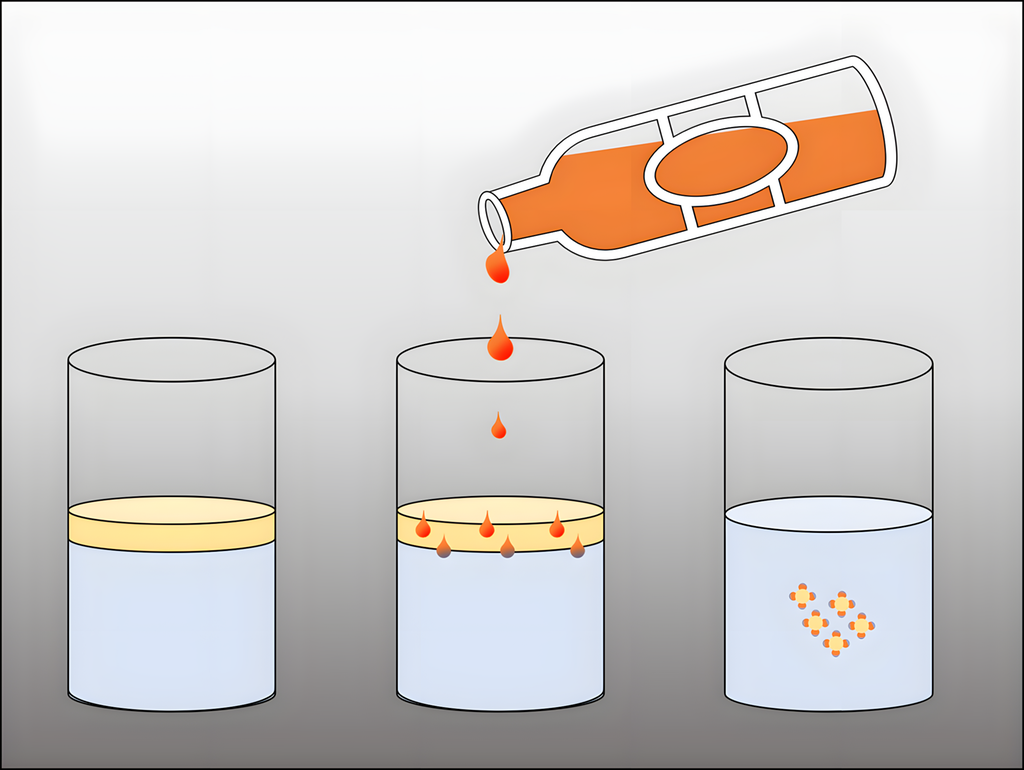Olje på vann vil synke ned i vannet når det tilsettes surfaktant. Illustrasjon.