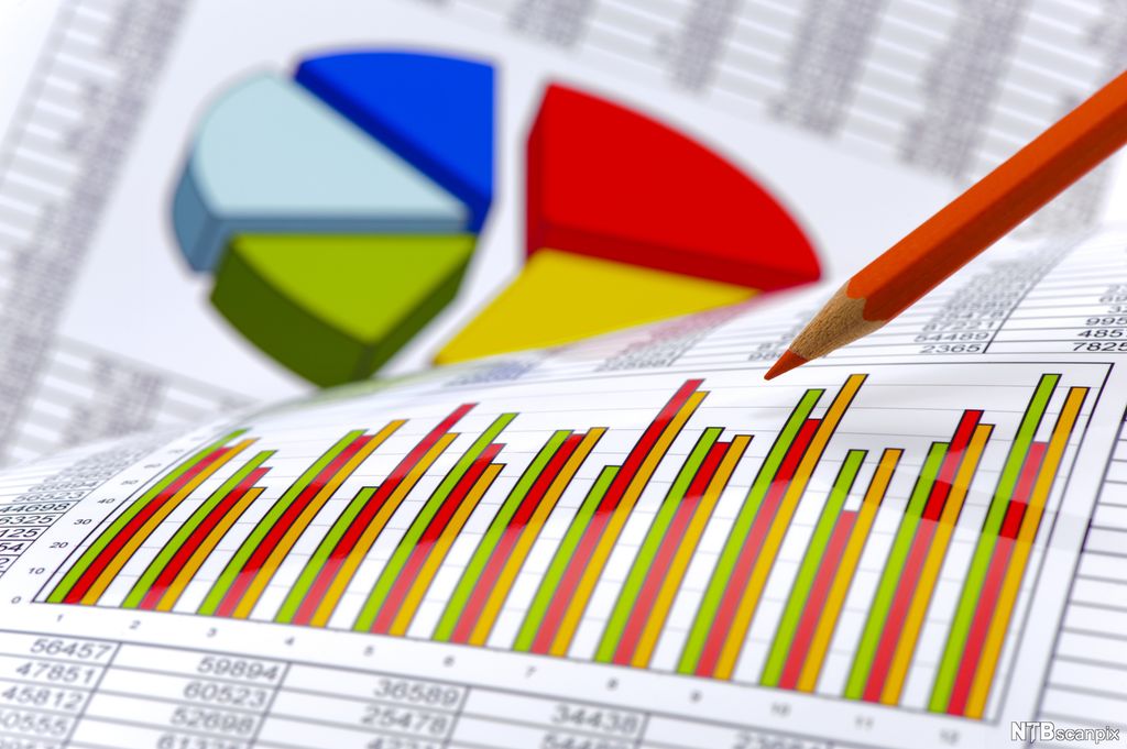 Tabeller, søyle- og linjediagram. Foto.