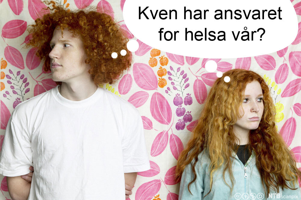 Alvorleg jente med tenkeboble over hovudet der det står "Kven har ansvaret for helsa vår?" Manipulert foto.