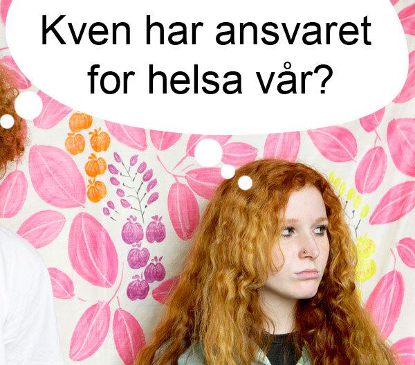Alvorleg jente med tenkeboble over hovudet der det står "Kven har ansvaret for helsa vår?" Manipulert foto.