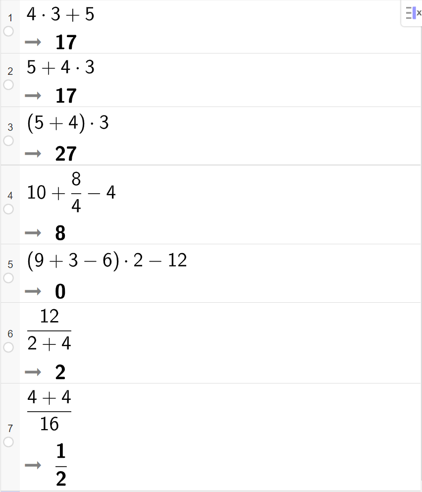 CAS-utregning med GeoGebra. Oppgavene 1.1.1 a til og med 1.1.1 g er regna ut på hver sin linje. Skjermutklipp.