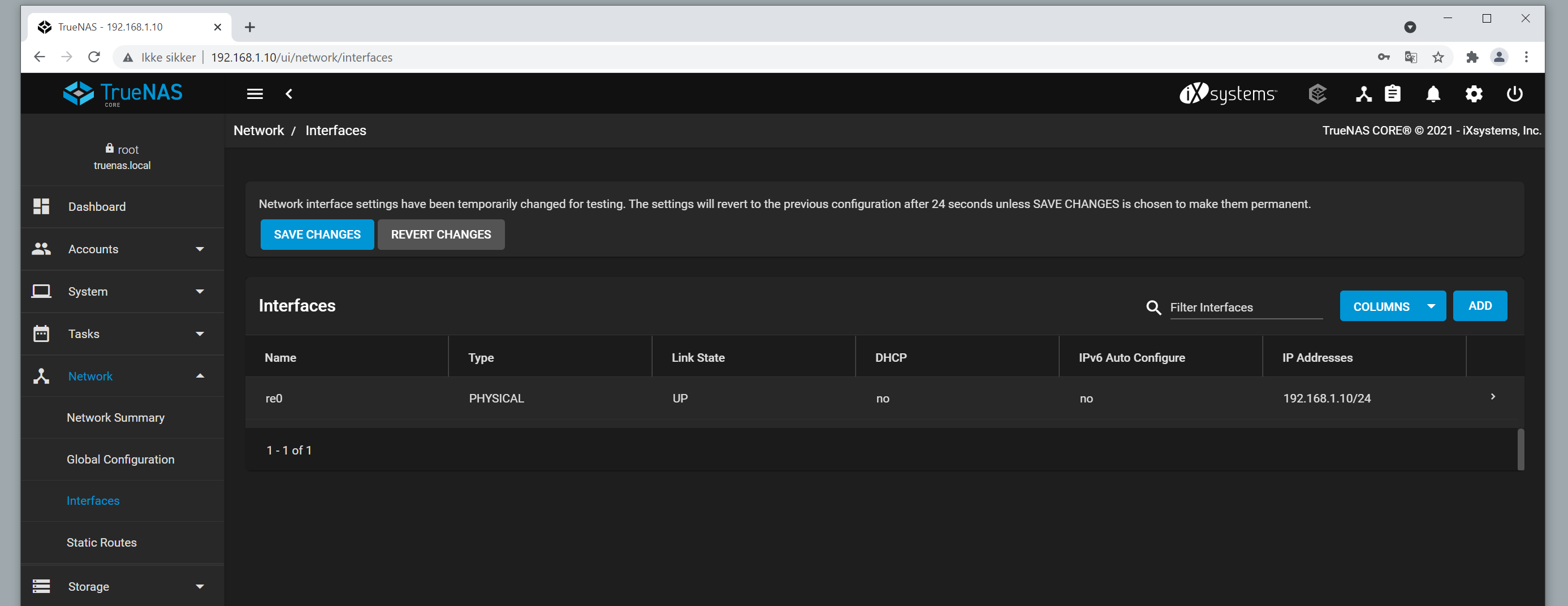 Webgrensesnitt til TrueNAS. Skjermbilde.