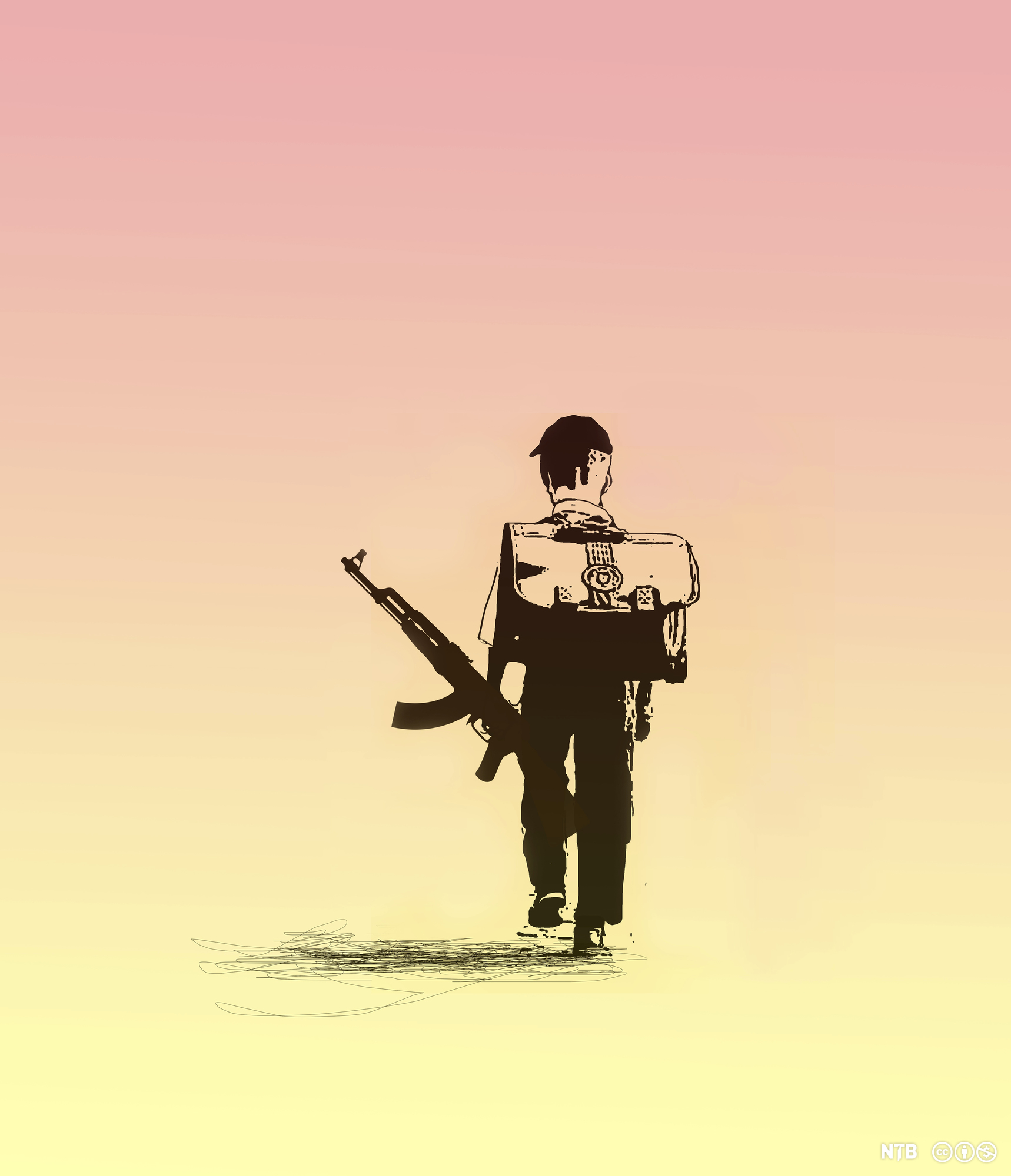 A small child with a large backpack walking away, in his left hand they are carrying a machine gun. Illustration.