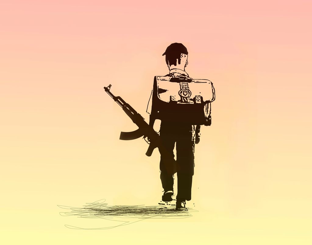 A small child with a large backpack walking away, in his left hand they are carrying a machine gun. Illustration.