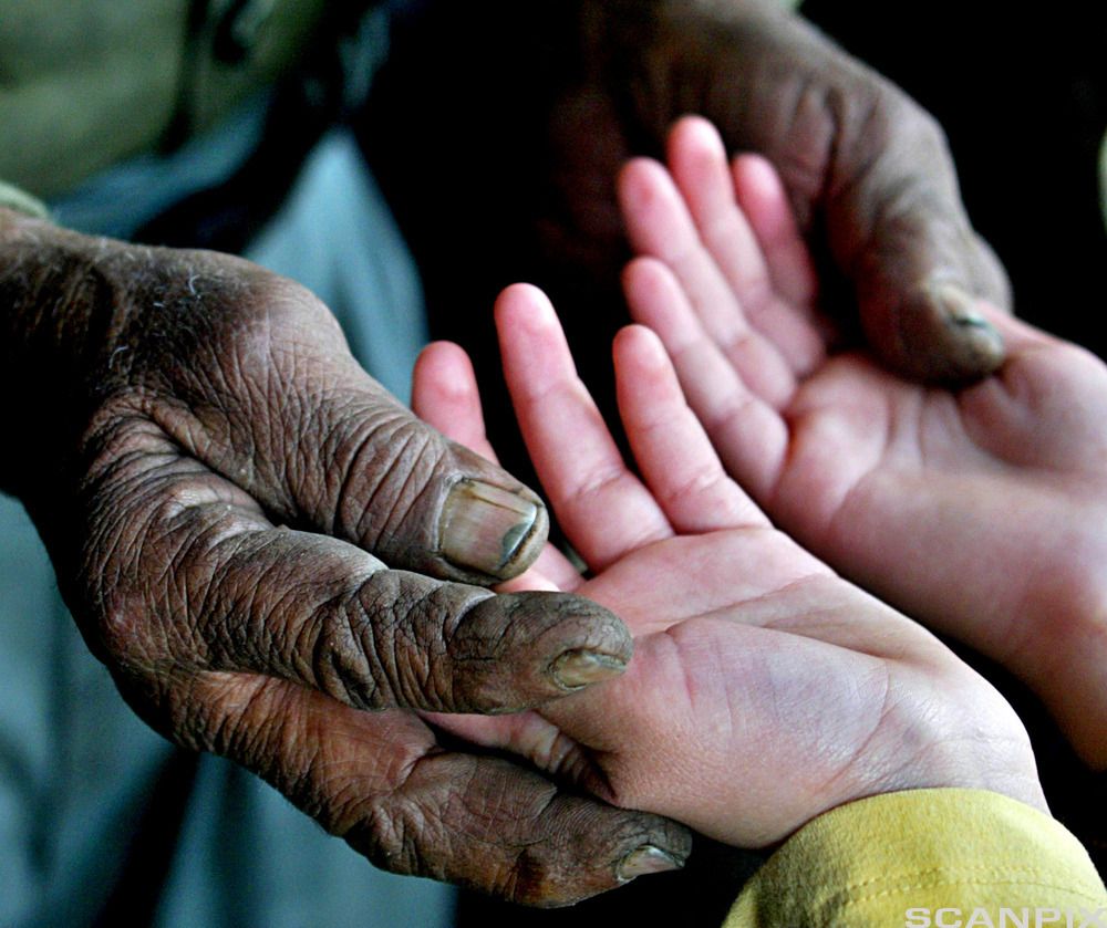 Gamle og unge hender holder hverandre. Foto.