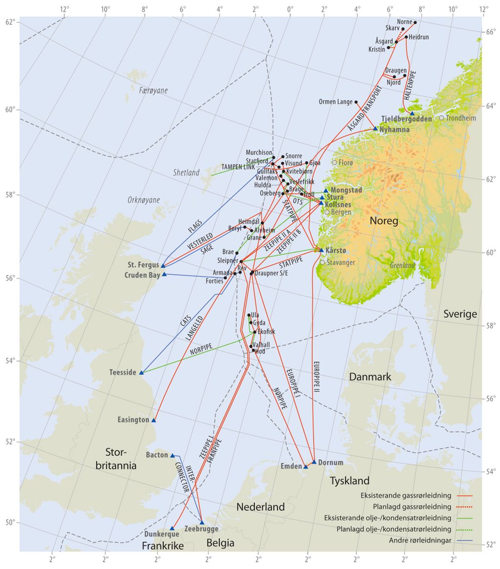 Oversikt over gassrøyr (raude) og oljerøyr (grøne) på norsk sokkel. Kart.