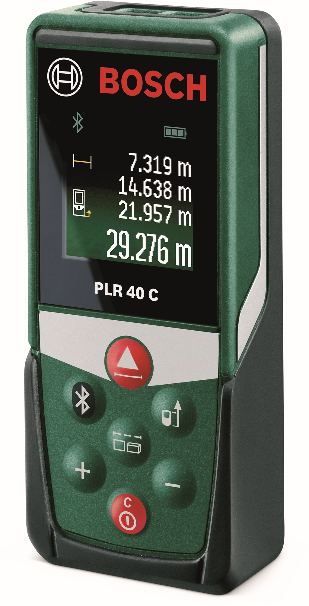 Elektronisk avstandsmålar. Eit firkanta, avlangt apparat på storleik med ein mobiltelefon. Foto.