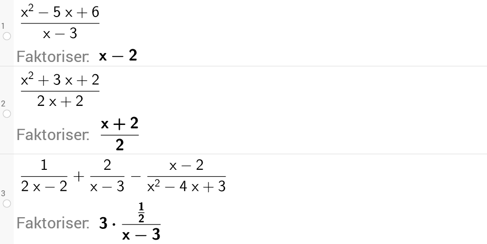 Faktorisering av rasjonale uttrykk i GeoGebra. Skjermdump.