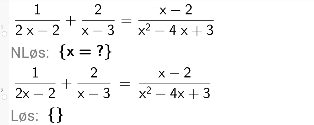 Løse likninger med rasjonale uttrykk i GeoGebra. Bilde.