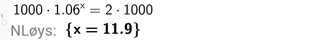 CAS-utrekning med GeoGebra. På linje 1 er det skrive 1000 multiplisert med 1,06 opphøgd i x er lik 2 multiplisert med 1000. Svaret med N Løys er x er lik 11,9. Skjermutklipp.
