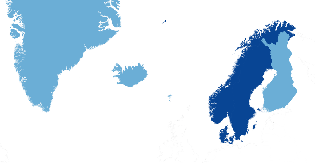 Et kart som viser hvor Norden og Skandinavia ligger. Illustrasjon.