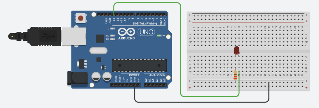 Arduino og et koplingsbrett der en lysdiode er kopla til pinne 13 og jorda gjennom en motstand. Illustrasjon.