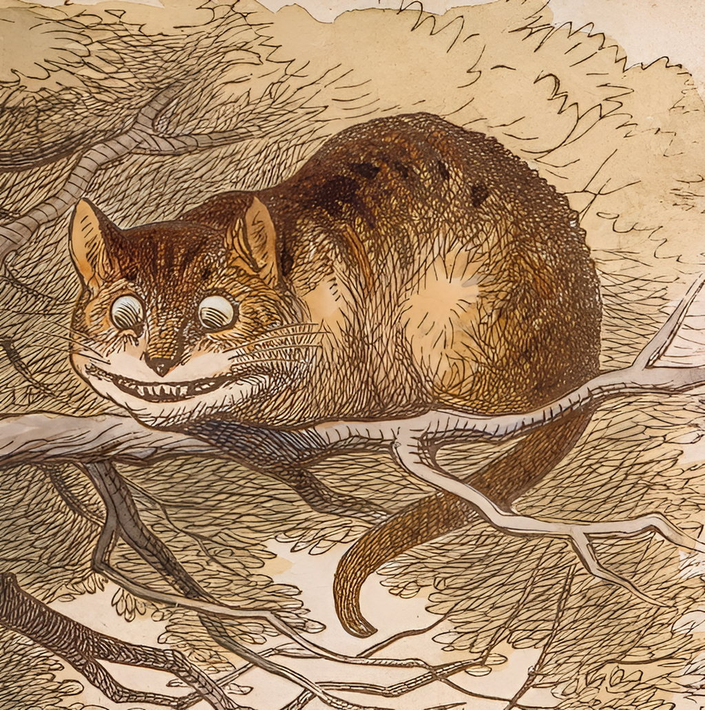 Tegning av Cheshire-katten som sitter på ei grein med et bredt, lurt smil. Illustrajon.