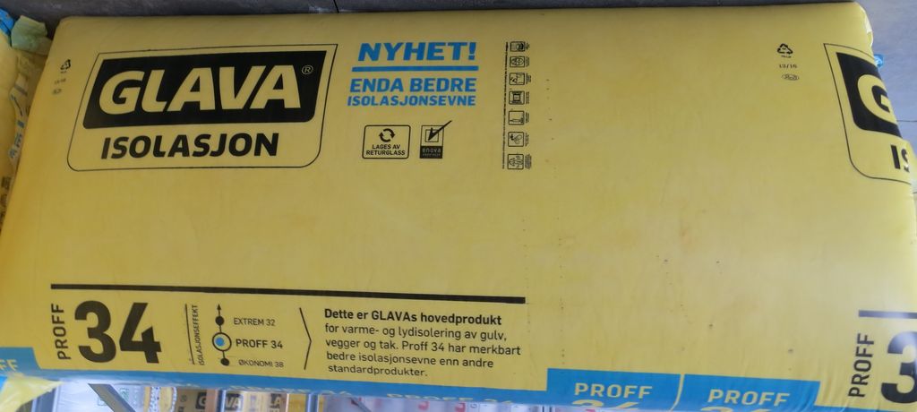 Pakke med glassvatt merket Glava isolasjon. Foto.