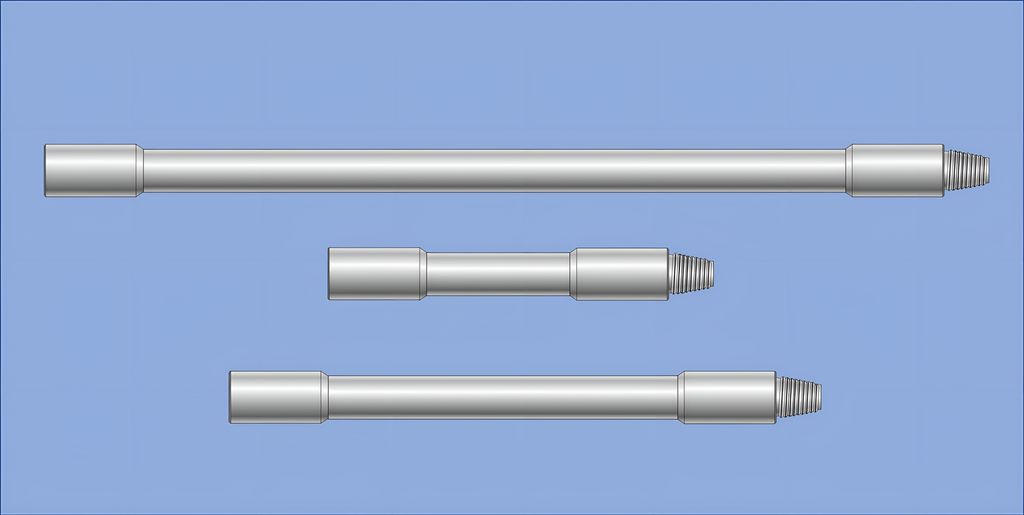 Tre ulike rørlengder av borerør med gjenger i begge ender. Illustrasjon.