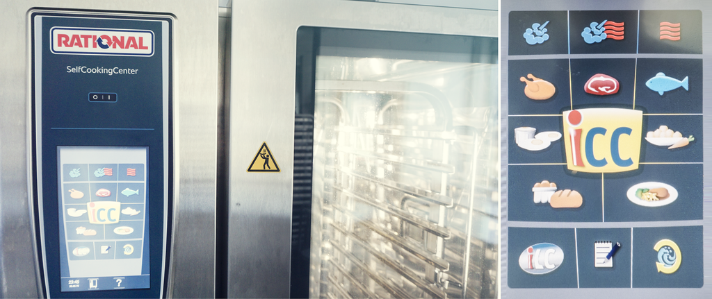 En kompidamper med menypanel som viser ulike valg for damping, steking, kombinasjon av damp og stek og egne knapper for steking av kjøtt, fisk, bakverk og rengjøring. Kollasj.