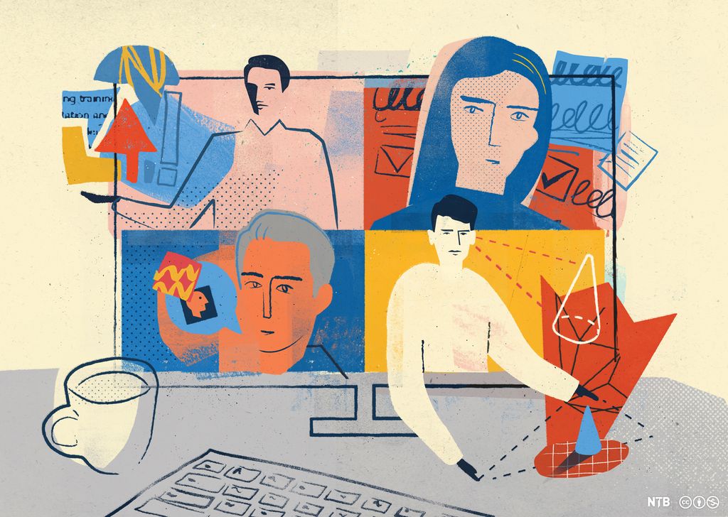 En stilisert skjerm med fire ruter. I hver rute er det avbildet en person: I øvre venstre rute en mann som peker på ulike tegn og symboler. I øvre høyre rute en kvinne med papirark og notater bak seg. I nedre venstre rute en mann med ei snakkeboble, og i nedre høyre rute en mann som ser for seg en liten blå kjegle og som bruker hendene til å vurdere størrelsen på den. Foran skjermen et tastatur og en kaffekopp. Illustrasjon.