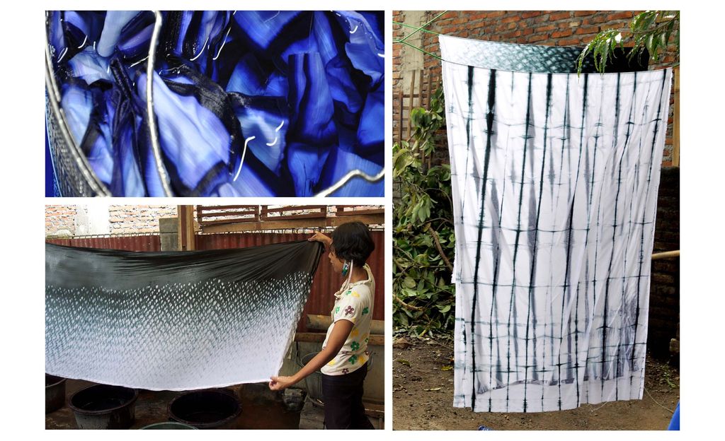 Kollasj av shibori batikk. Øverst til venstre er det et mønstret tekstil i fargebad. Nederst til venstre er det en kvinne som holder opp tekstil med mønster i hvitt og svart. Til høyre er det et mønstret tekstil i hvitt og svart, som henger på ei snor. Foto.