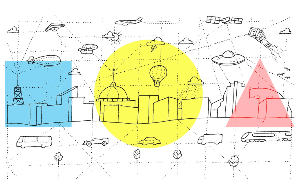 Former og figurer. Uthevet i farger er trekan, firkant, og sirkel. Illustrasjon.