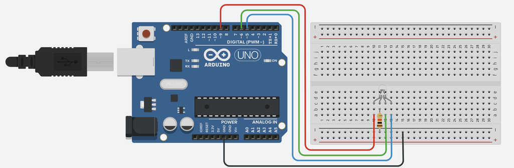 Arduino og koplingsbrett med en RGB-LED montert. Komponentene er forbundet med ledninger og en resistor. Illustrasjon.