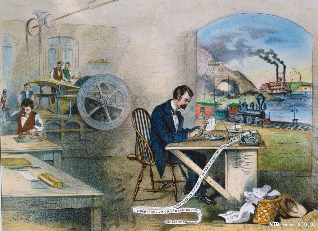 Illustrasjonen viser de nye oppfinnelsene i bruk. En mann jobber med telegrafen,  andre med hurtigpresse, ute går et damplokomotiv forbi, på fjorden går en hjuldamper og det ryker fra en fabrikk i det fjerne. Litografi. 