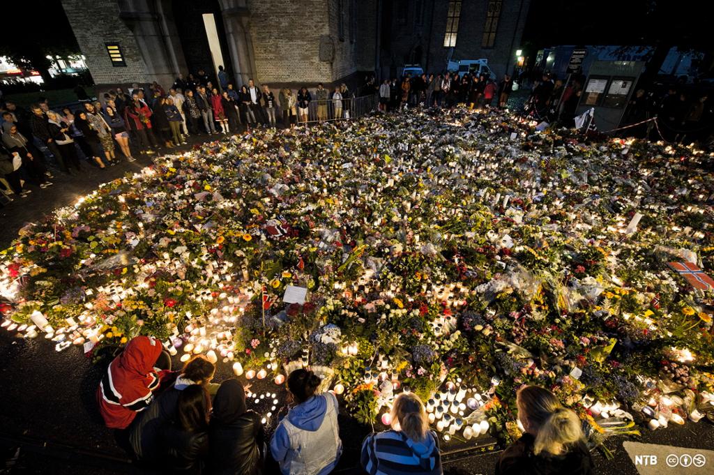 Store mengder blomster og lys i ulike farger er samla på bakken. Mange mennesker står rundt. Noen holder på med å tenne lys i blomsterhavet. Foto.