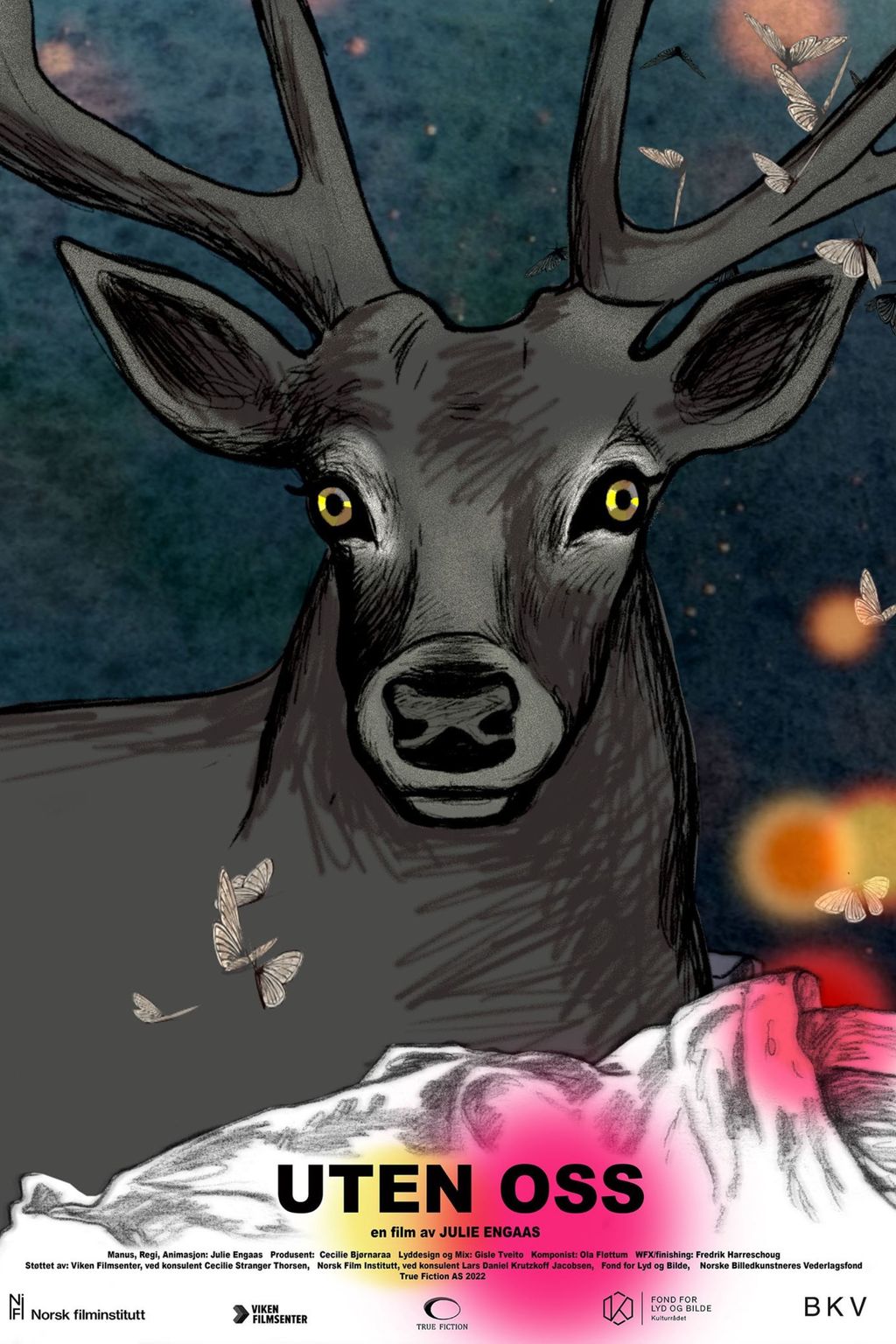 Filmplakat for animasjonsfilmen Uten oss. En tegnet hjort ser rett mot oss. Illustrasjon.