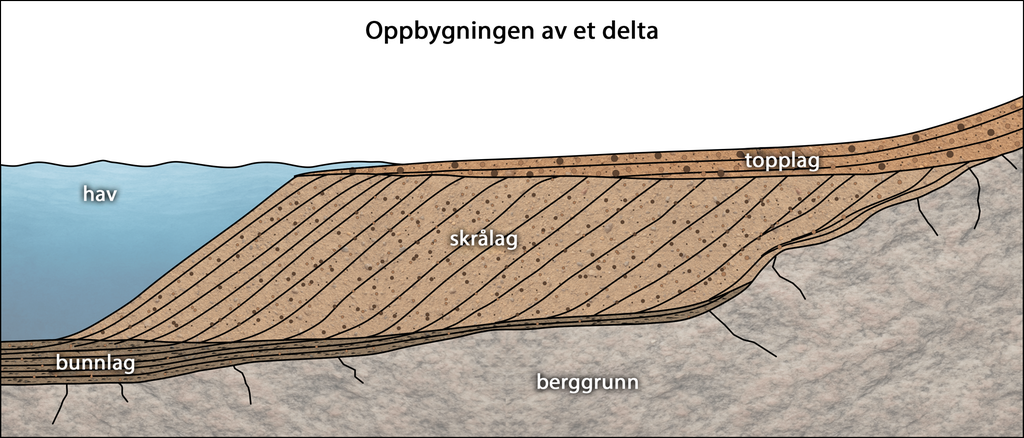 Tegning som viser hvordan et delta bygges opp. Lag på lag med løsmasser bygges opp utover i et stillestående vann. I enden er det en skråning. Illustrasjon.