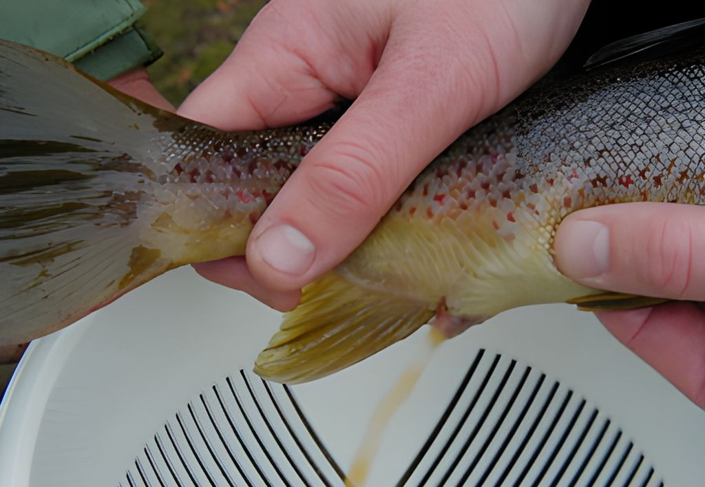 Ein ørret blir klemt på buken slik at moden mjølke (sædvæske) renn ut. Foto.