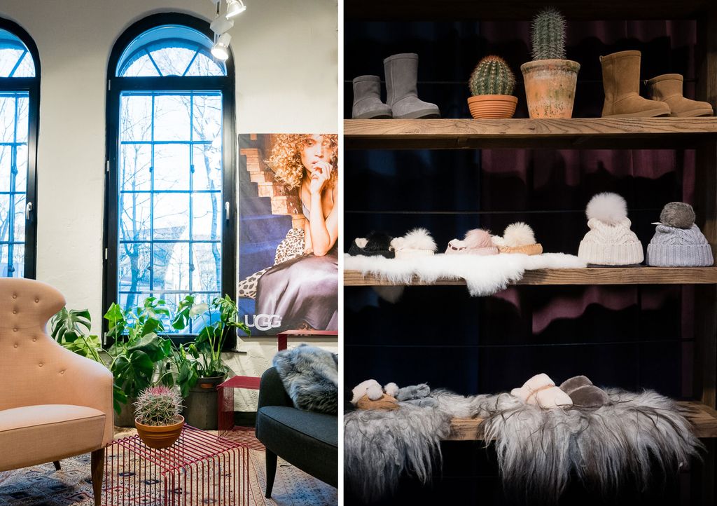 Sittegruppe med reklameplakat i bakgrunnen. Hyller med utstilte sko, tøfler og luer. To fotografier.