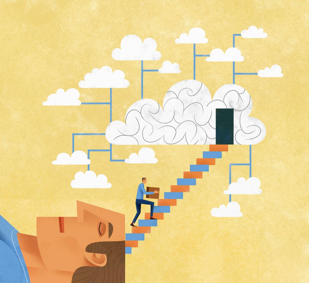 En mann sover. Det går en trapp fra hjernen. Der jobber en liten mann med lagring, rydding og arkivering i skyen. Illustrasjon.