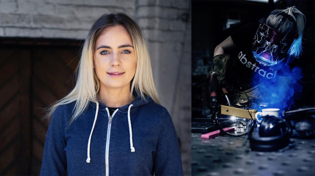 Kollasj av ung kvinne står foran ei tredør og sveising på et metallarbeid Foto.