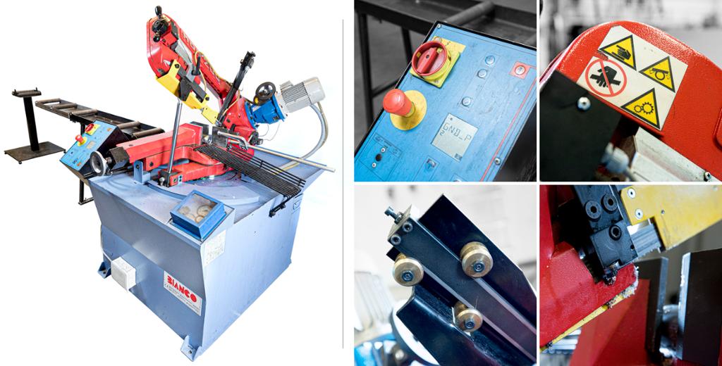 Bandsag med detaljbilete av enkeltkomponentar. Fotokollasj.