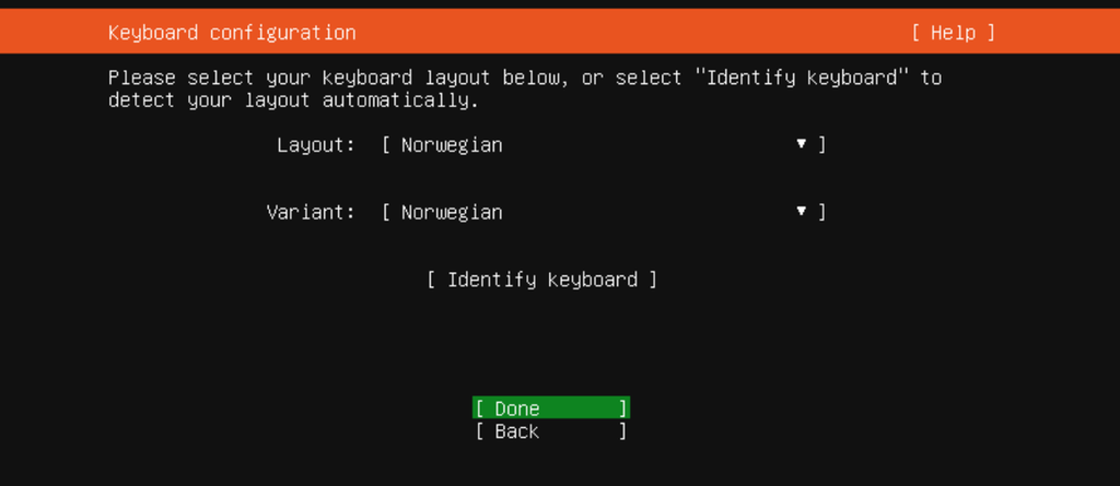 Valg av tastaturlayout (språk) og eventuelt lokale avarter. Skjermbilde fra Ubuntu Server 20.04.