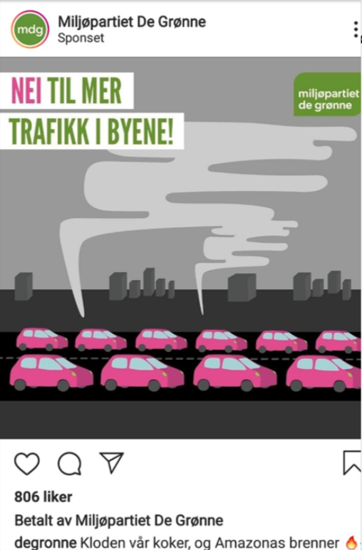 Instagram-annonse for Miljøpartiet Dei Grøne. Biletet er ein illustrasjon som viser ti rosa bilar på ein motorveg. Over svever eksosskyer. I bakgrunnen står det grå blokker. Teksten på biletet er &quot;Nei til mer trafikk i byene. Miljøpartiet De Grønne&quot;. Under biletet har &quot;degronne&quot; skrive &quot;Kloden vår koker, og Amazonas brenner&quot;. Skjermdump.