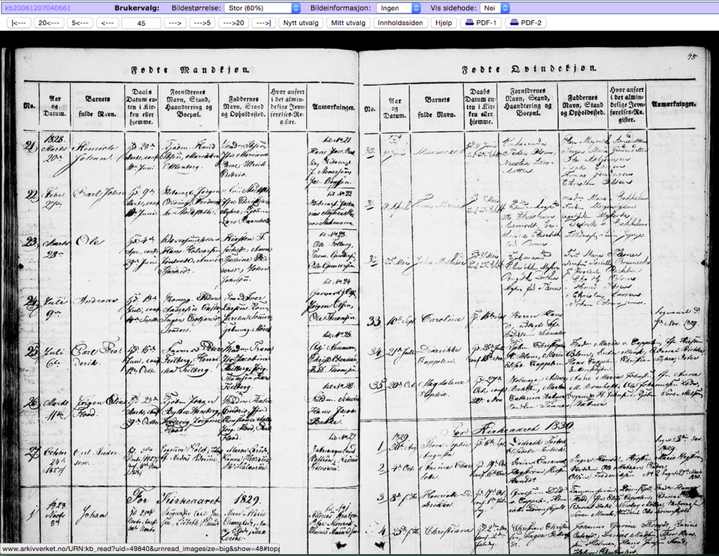 Ministerialboka er i gotisk skrift og har håndskrevne oppføringer. Guttebarn og jentebarn står på hver sin protokollside. Skjermbilde.