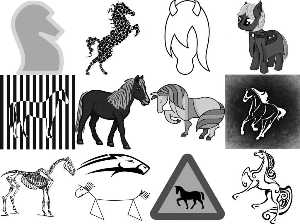 Illustrasjoner av hester. Kollasj.