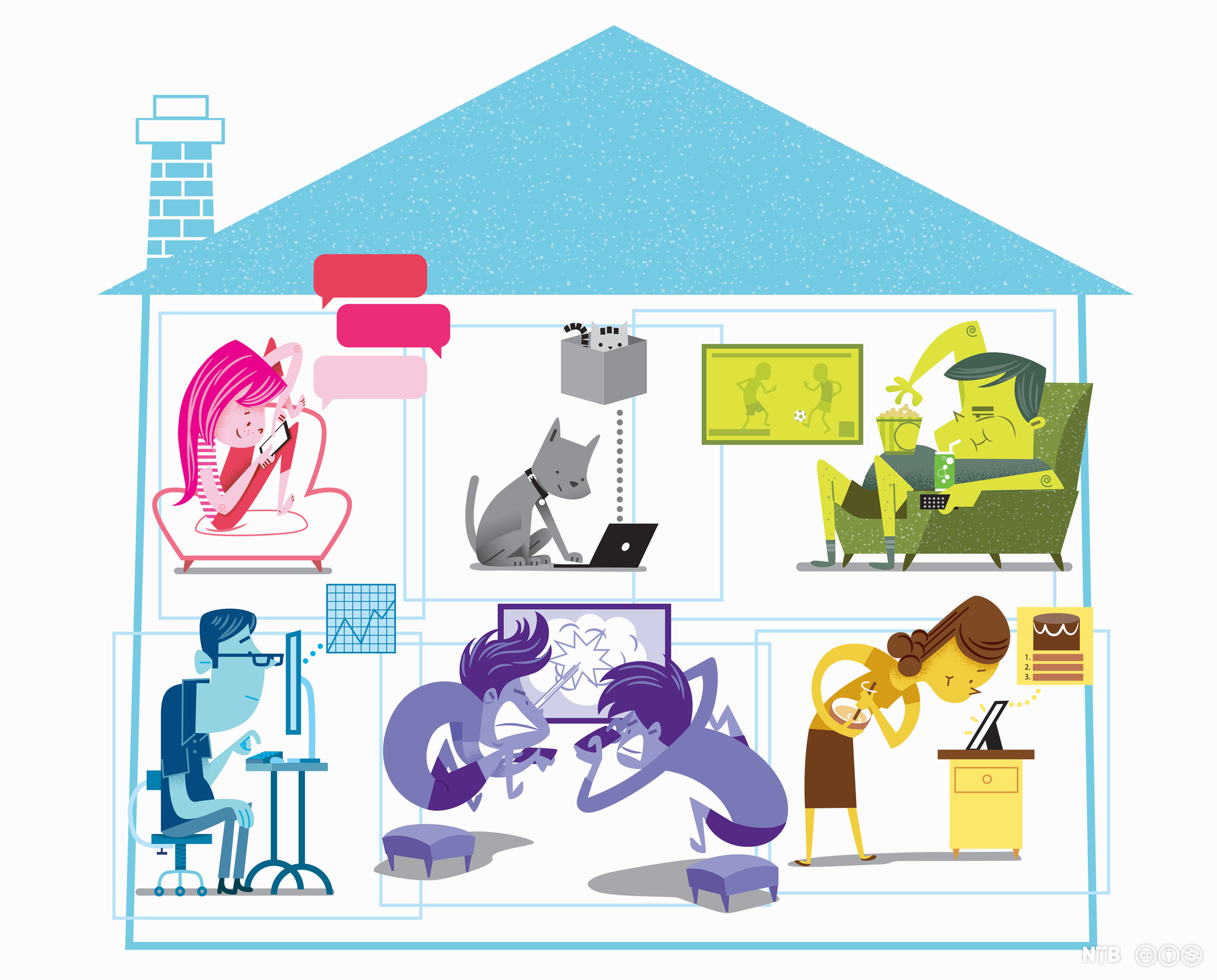 Two people angrily playing a computer game with explosions in it. Illustration.