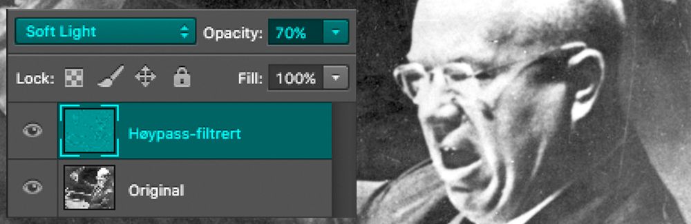 Utsnitt av bilete med verktøy for oppskarping i Adobe Photoshop. Foto.