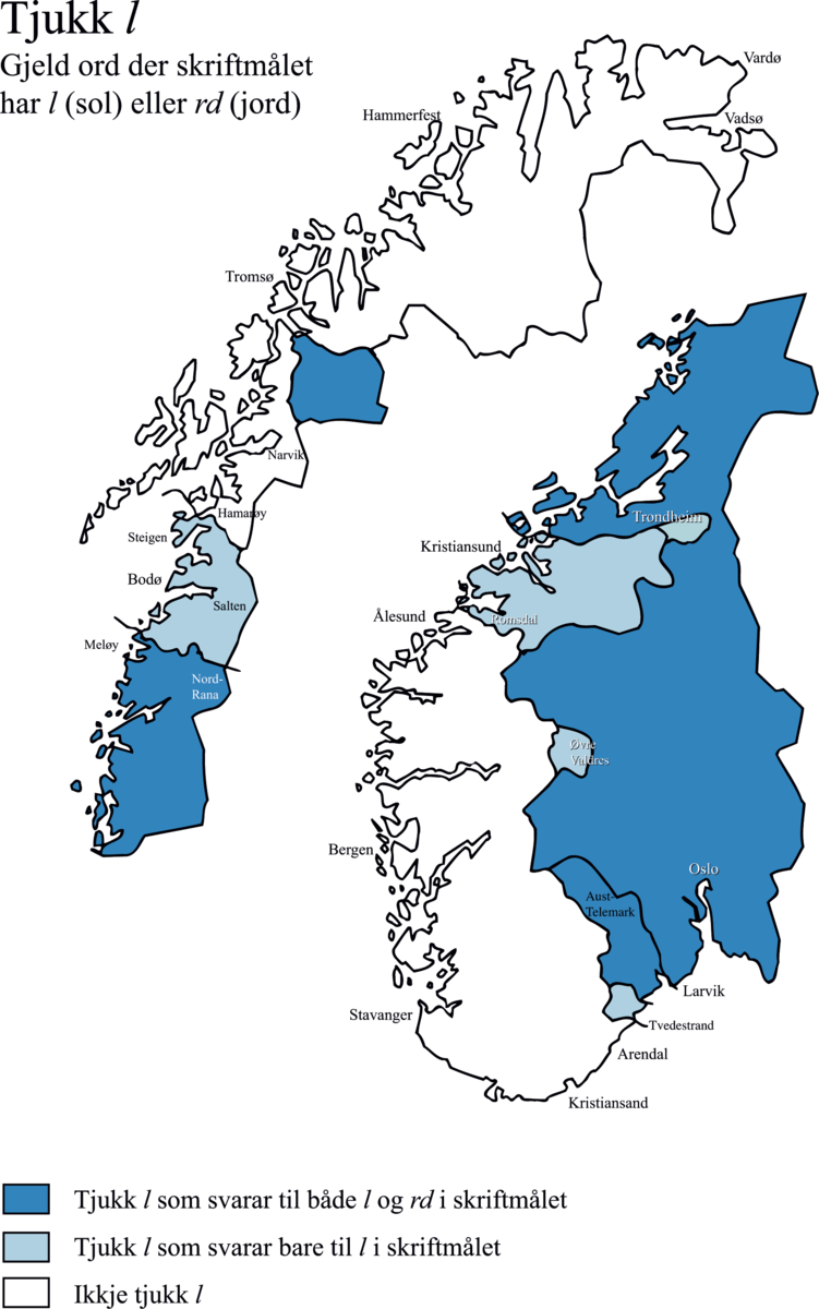 Kart over dialektgrensene mellom tjukk l av både l og rd, tjukk l av bare l og ikke tjukk l.  Illustrasjon.