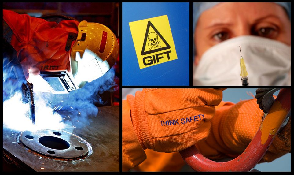 Kollasje med bilder av arbeidere som bruker ulikt verneutstyr, og et fareskilt. Foto.