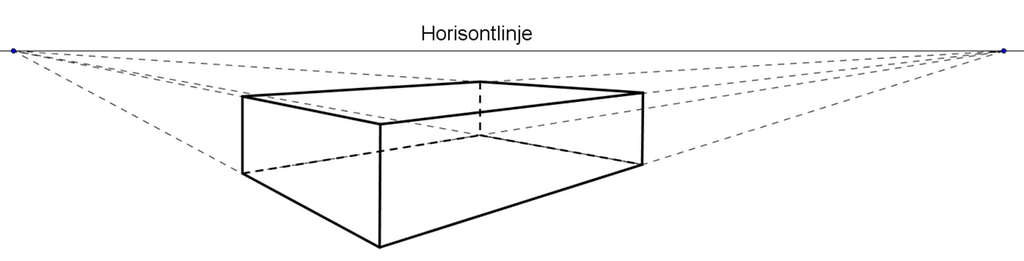 Bilde av ei eske tegnet i topunktsperspektiv. Horisontlinja er markert. Illustrasjon.