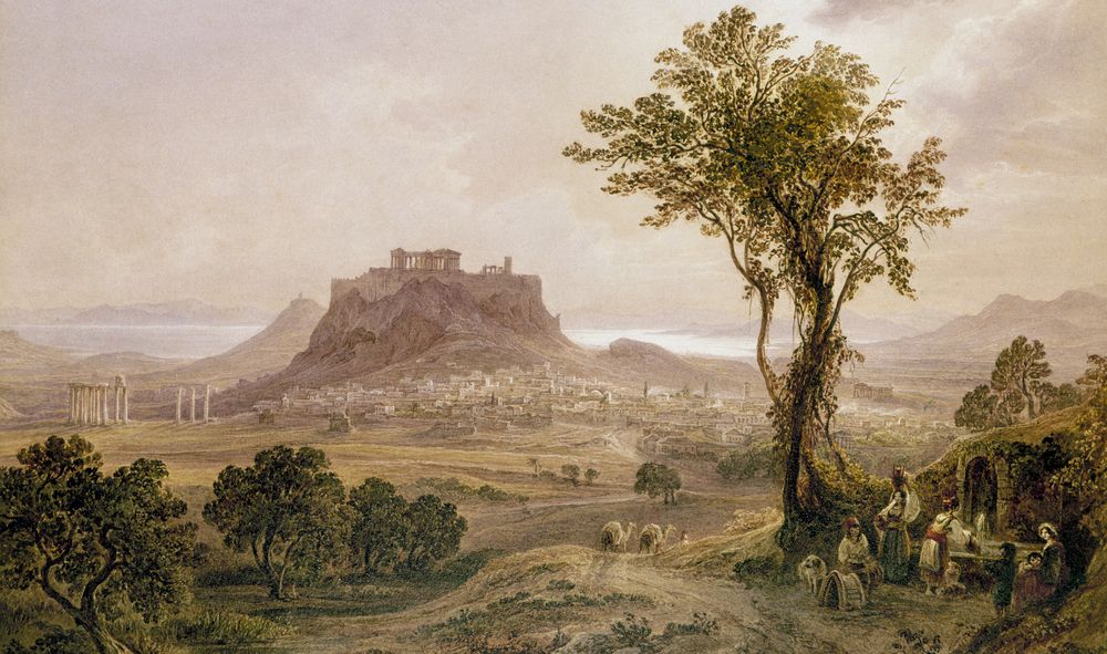 Akropolis på toppen av en høyde med byen Athen under. Maleri.