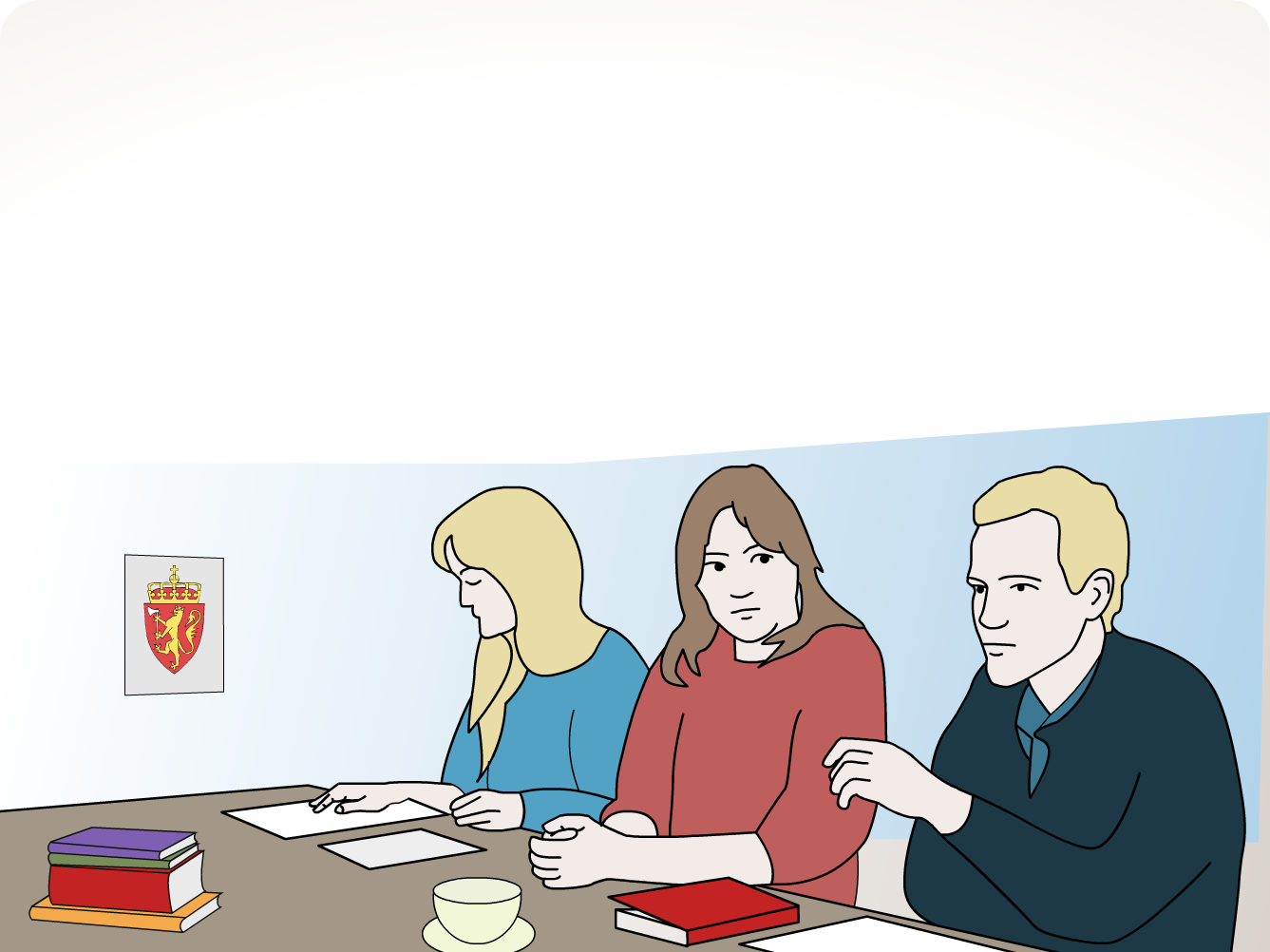 To kvinner og en mann sitter ved et bord med papirer og bøker foran seg. Riksvåpenet henger på veggen. Illustrasjon.