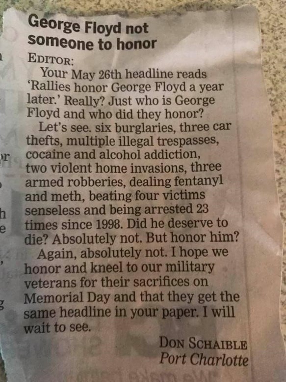 A letter to the editor protesting to the honouring of George Floyd. Photo.