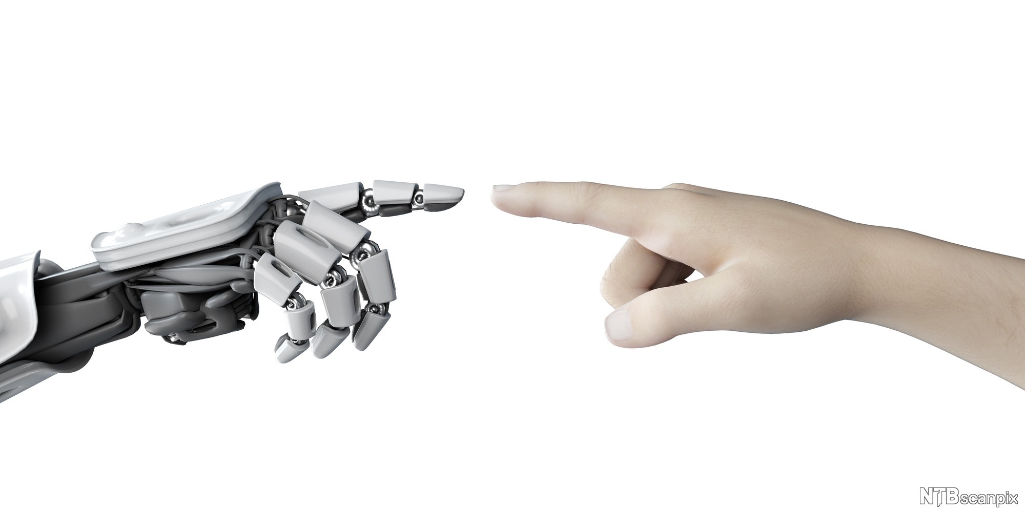 Ei menneskehand med utstrekt peikefinger møter ei robothand med utstrekt peikefinger. Illustrasjon.