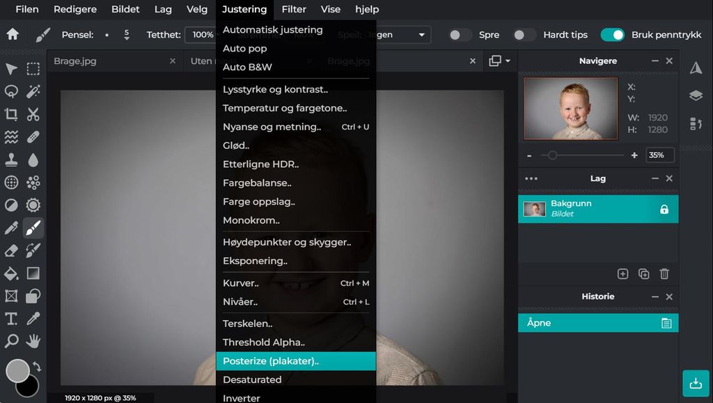 Skjermbilde fra et bilderedigeringsprogram med menyen "Justering". Foto.