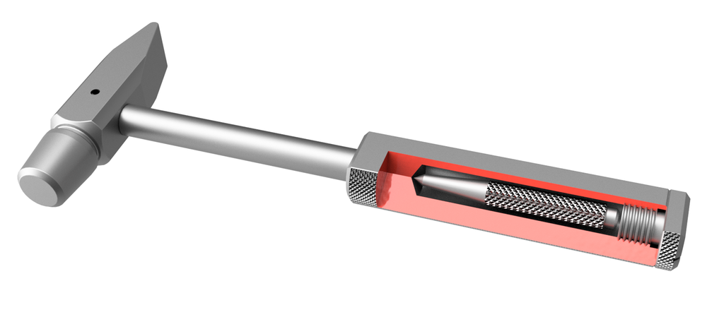 Hammer med gjennomskåret håndtak og en spydlignende gjenstand inni. Illustrasjon.